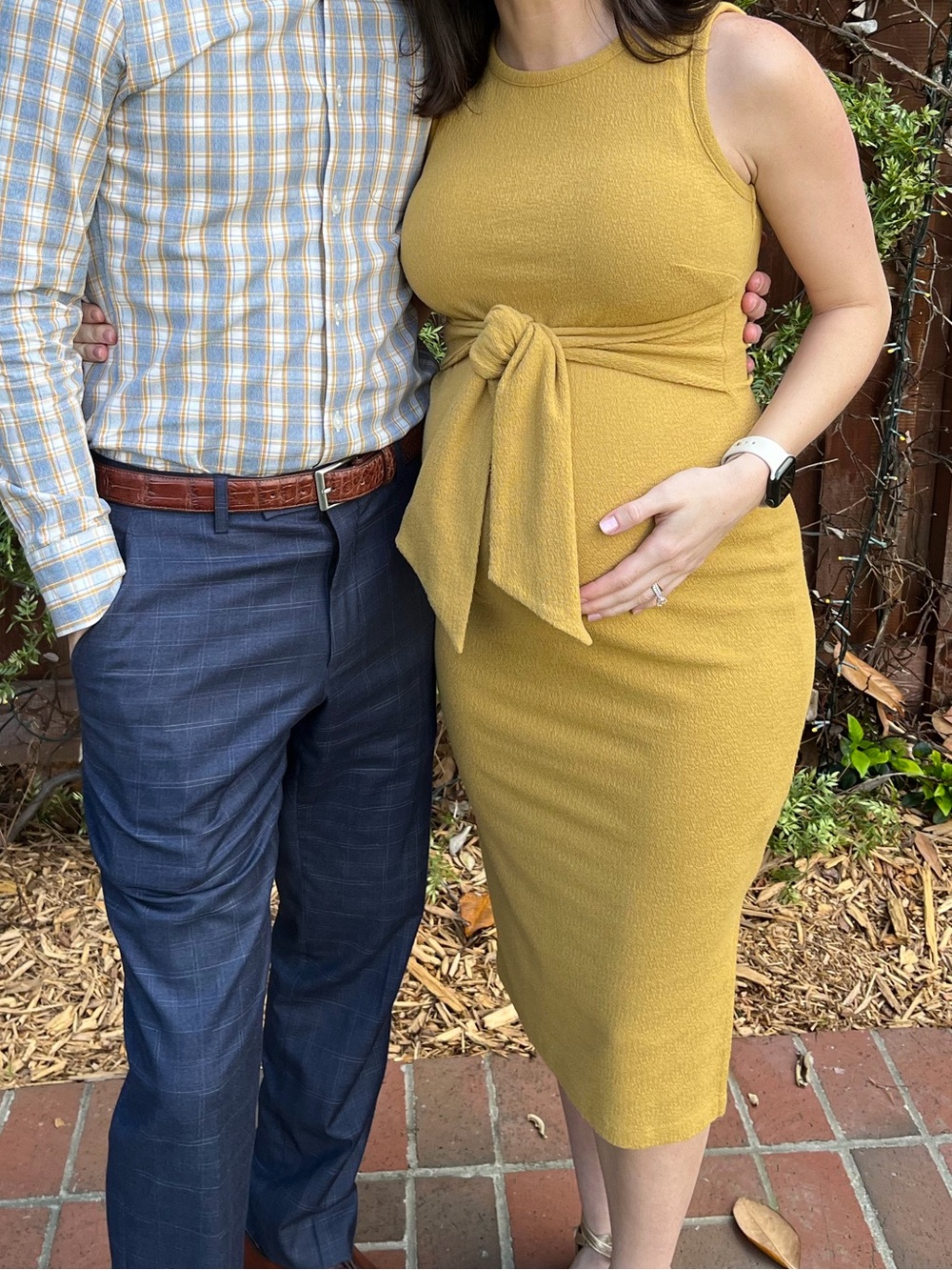 A Pea in the Pod Maternity Mustard Tie-Waist Midi Dress XS